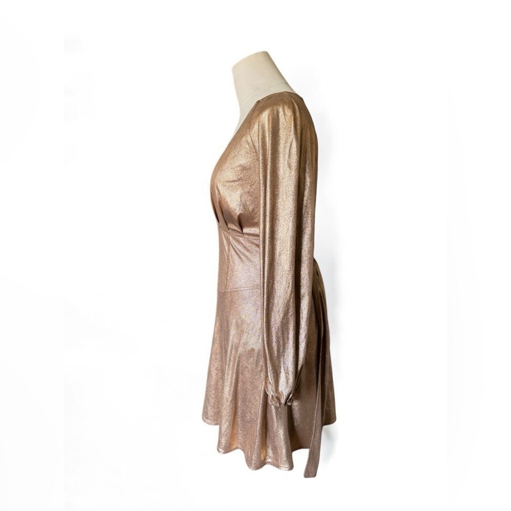 FREE PEOPLE | Good As Gold Foil Metallic Holiday Tie Wrapped Plunge Mini Dress 4 - Picture 4 of 7